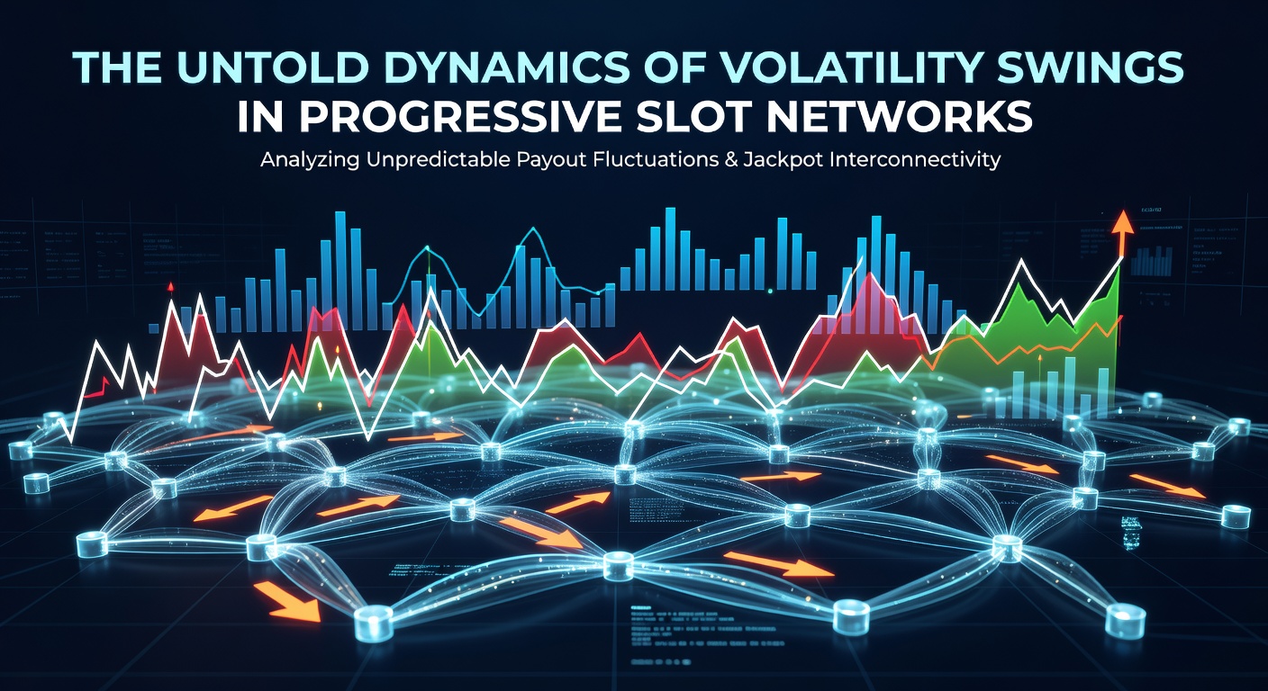 Grafik einer progressiven Slot-Maschine mit steigendem Jackpot-Zähler und volatilen Kurven, die Schwankungen illustrieren